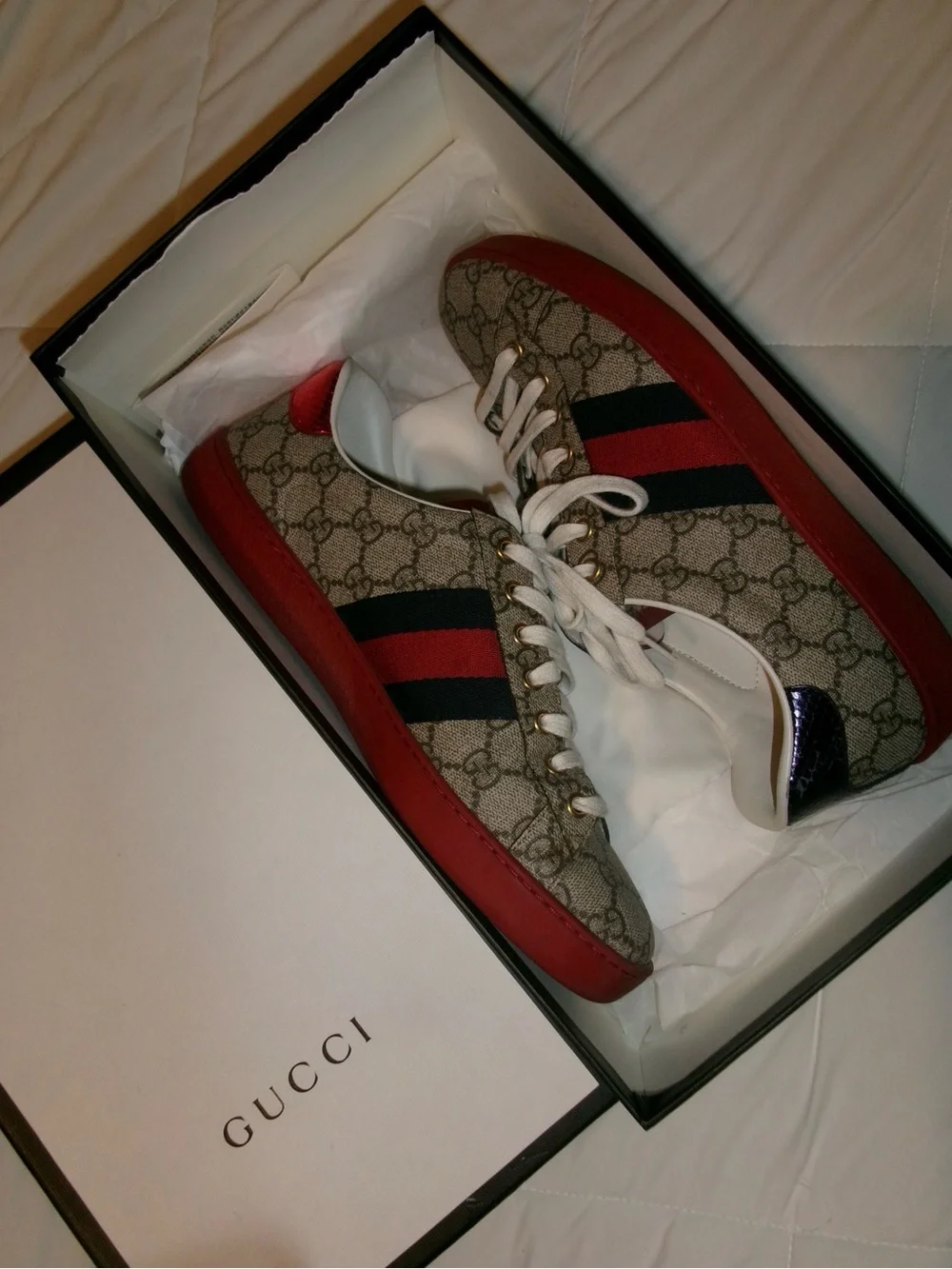 Gucci Brown Monogram Low-Top Sneakers with Red & Green Stripes